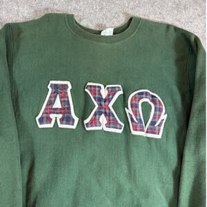 Vintage 90s Champion Reverse Weave Alpha Chi Omega Men Green Fleece Pullover 2XL